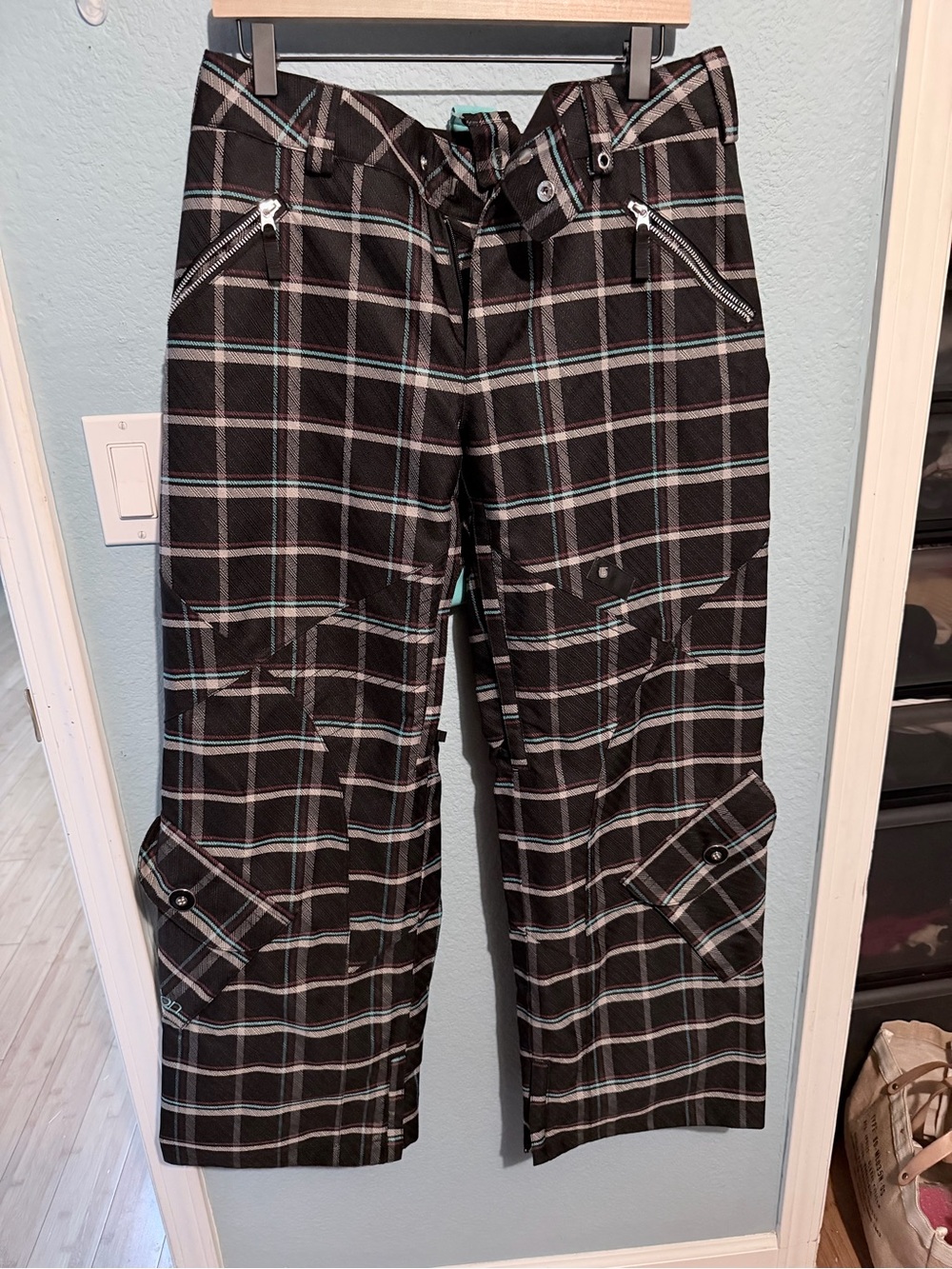 Burton Black Plaid Cargo Pants with Teal Accent